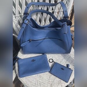 NWOT Lori Coach Blue Pebbled Leather Shoulder Bag W/Wallet Wristlet & CardCase
